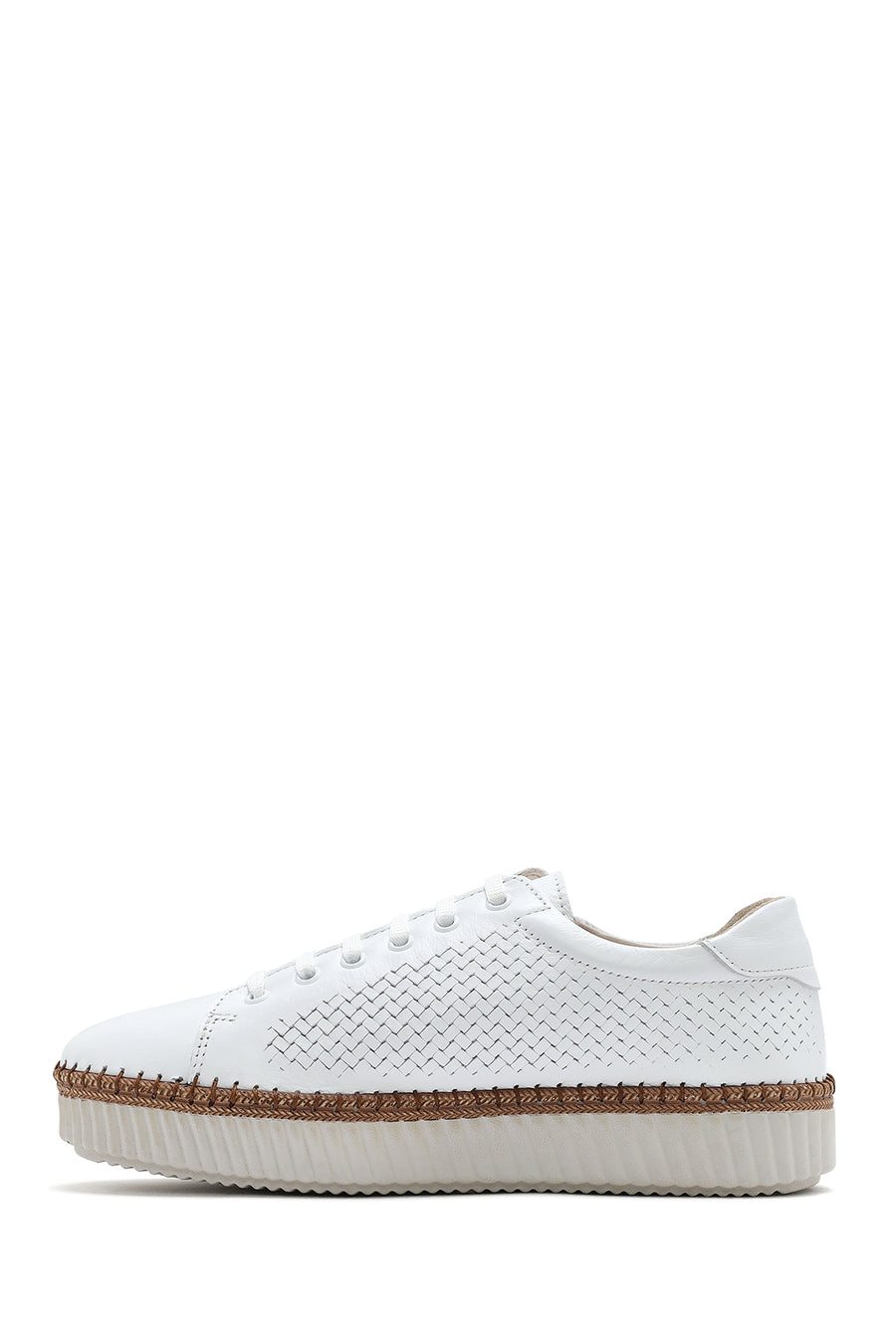 Women's White Lace-up Thick-Sole Leather Sneaker