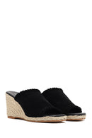 Women's Black Wedge Heeled Suede Leather Espadrille Slippers | Derimod