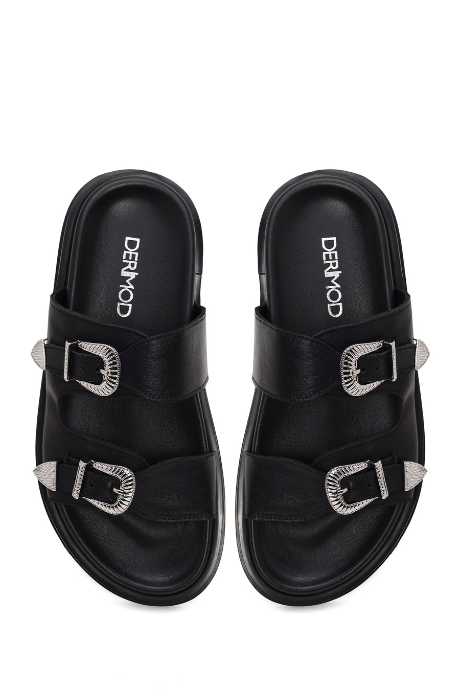 Woman Black Double-Buckle Leather Slipper