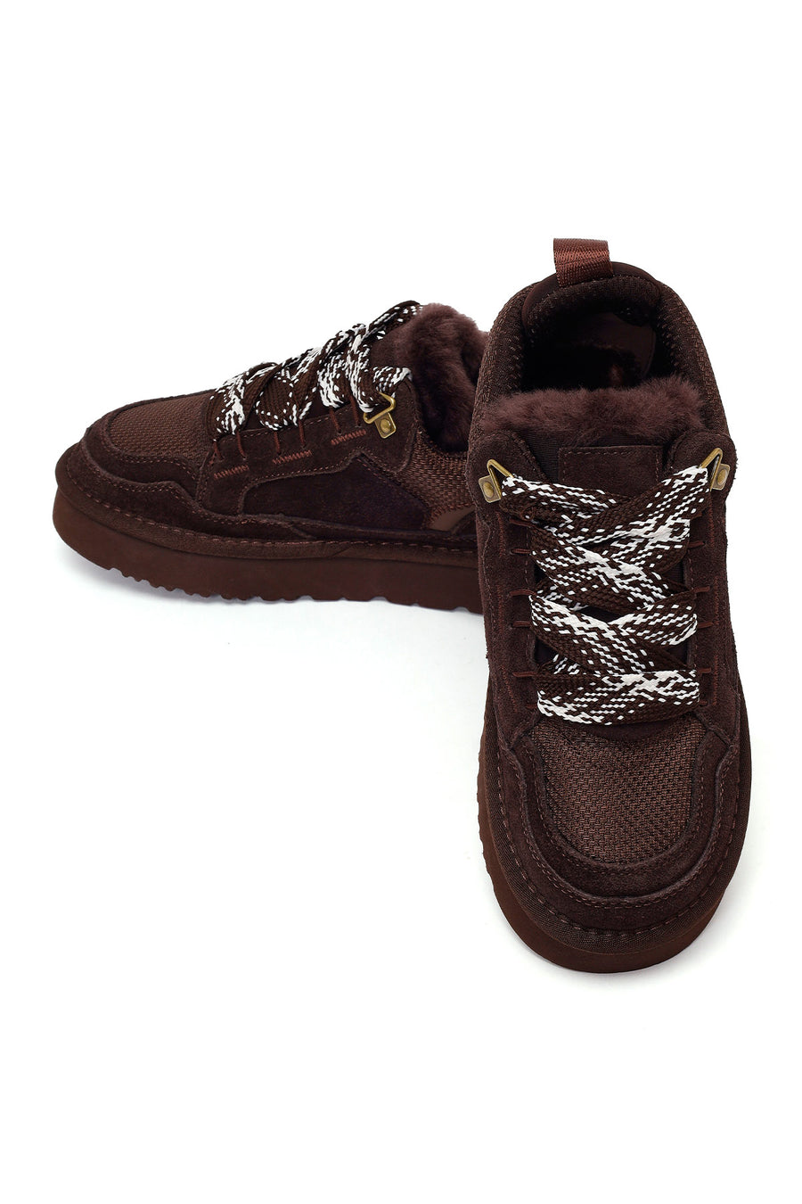 Kadın Kahverengi Bağcıklı Kalın Tabanlı Tüylü Süet Deri Teddy Sneaker