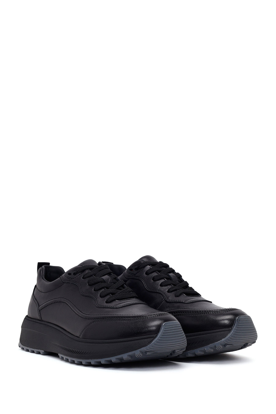 Erkek Siyah Bağcıklı Kalın Tabanlı Deri Casual Sneaker