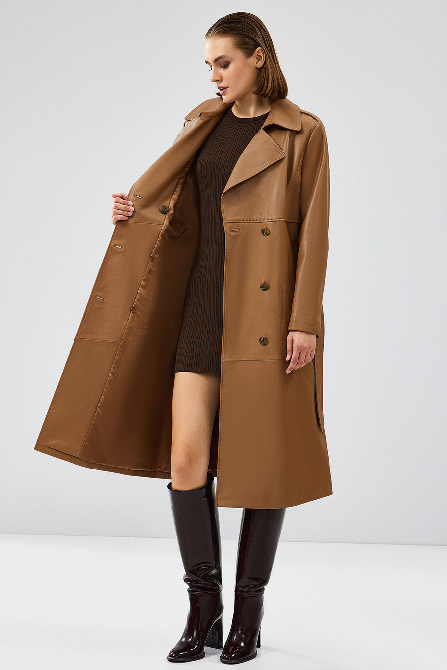 Natalia Women's Brown Leather Trench Coat