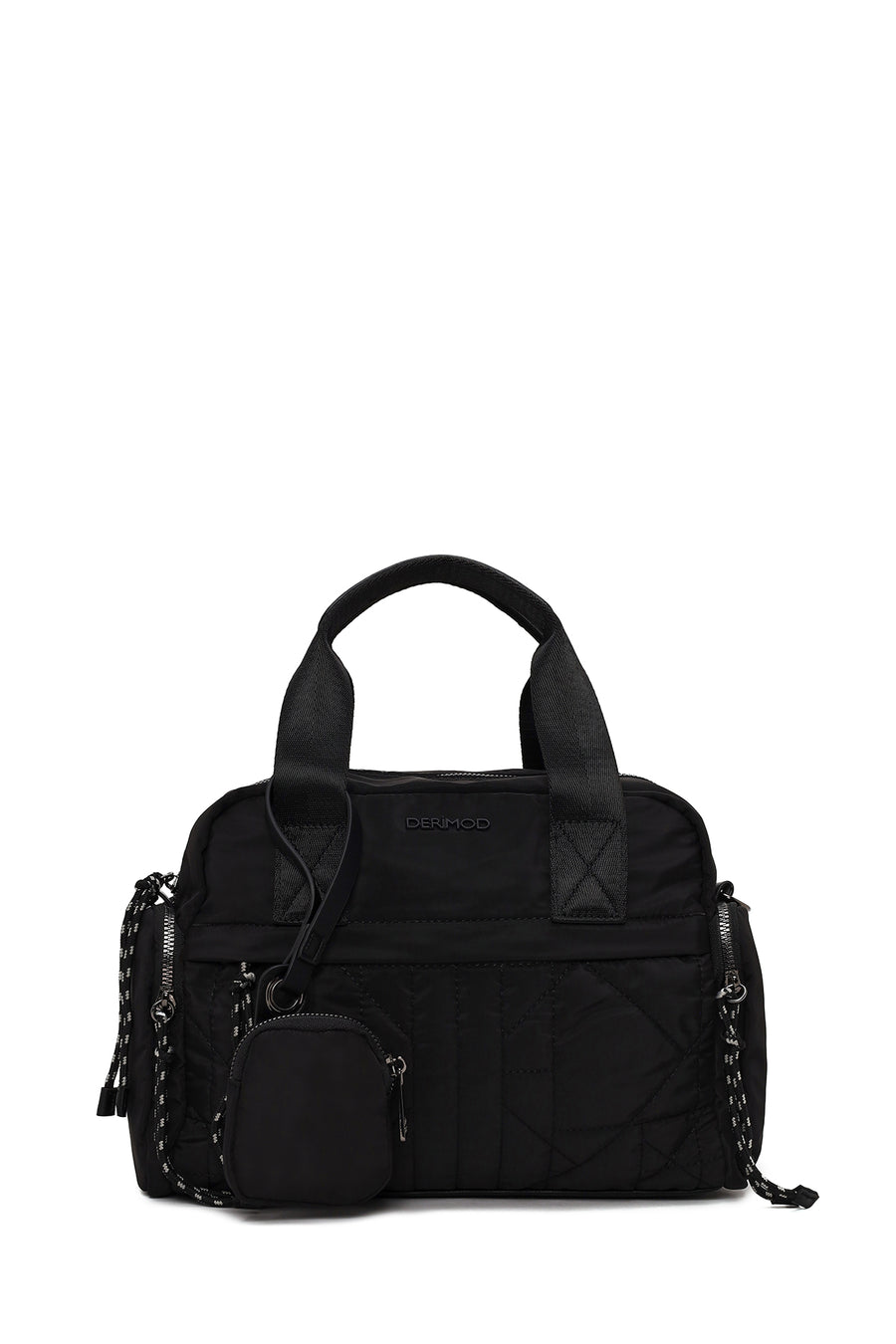 Woman Black Long-Strap Accessory-Detail Fabric Shoulder Bag