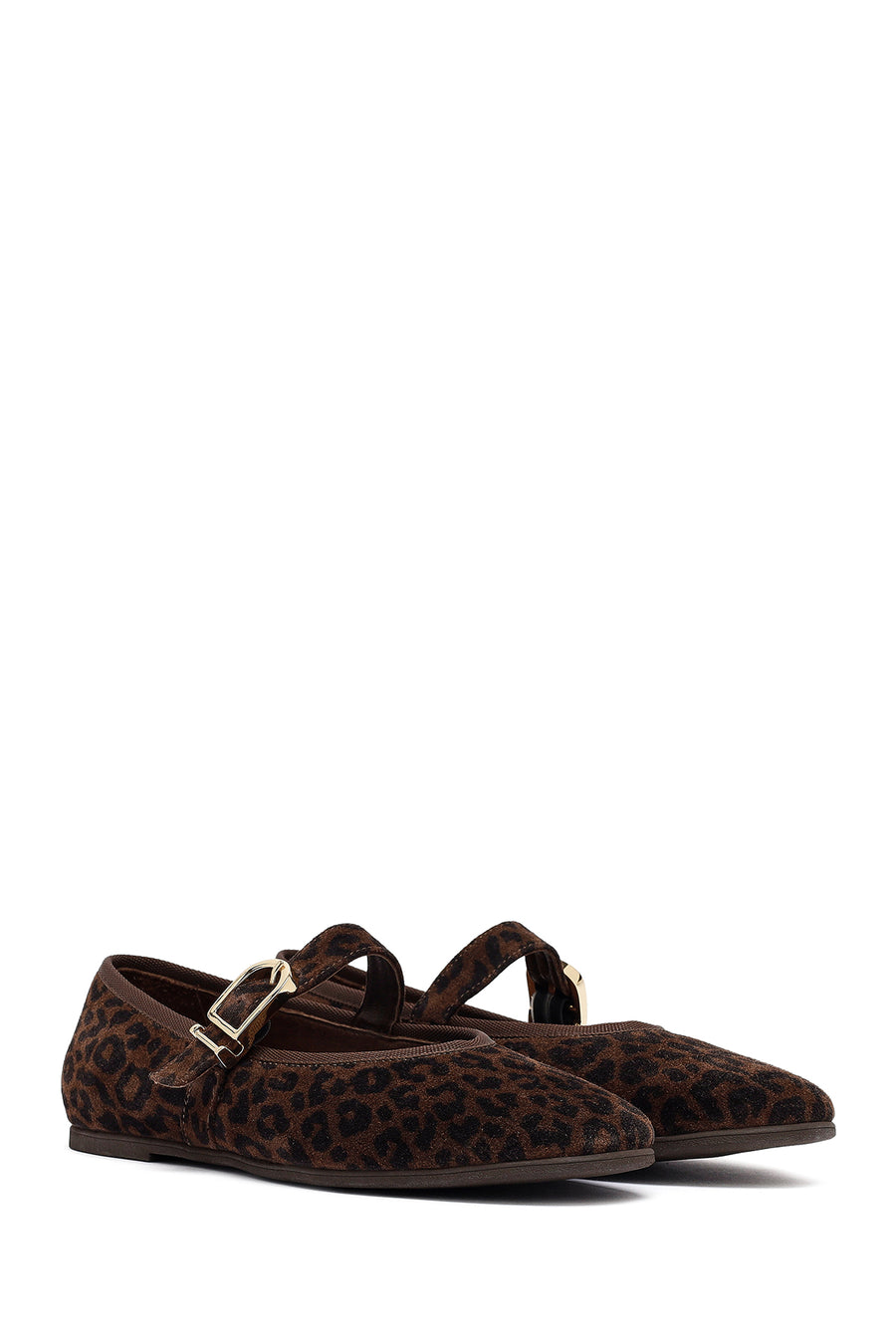 Woman Brown Leopard Patterned Buckled Suede Leather Ballet Flat