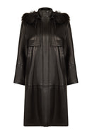Adele Woman Black A-Line Hooded Fur Collar Leather Overcoat | Derimod
