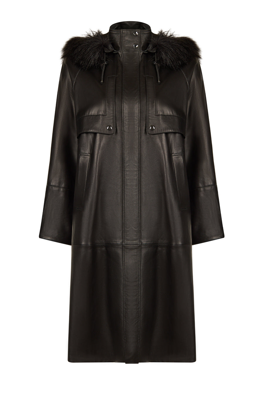 Adele Woman Black A-Line Hooded Fur Collar Leather Overcoat