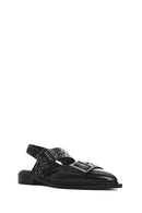 Women's Black Open Back Buckled Patent Leather Ballerinas | Derimod