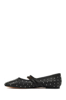 Woman Black Double-Buckle Embellished Leather Ballerine Shoes | Derimod