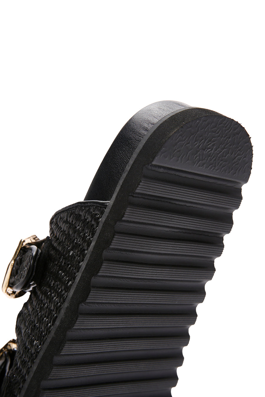 Women's Black Double Buckle Straw Slippers