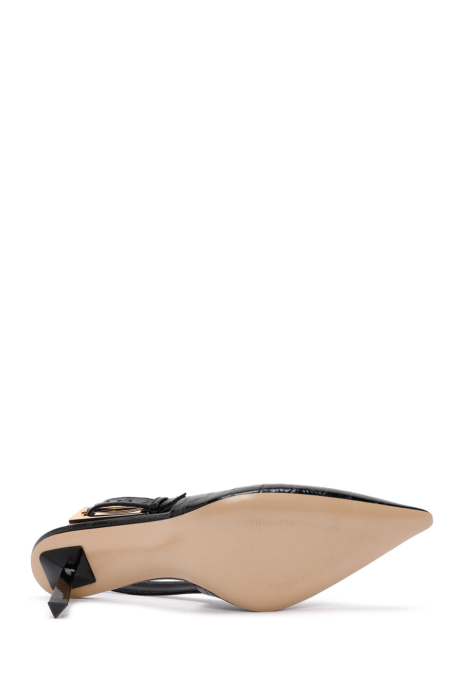 Women's Black Crocodile Patterned Open Back Thin Heeled Leather Shoes