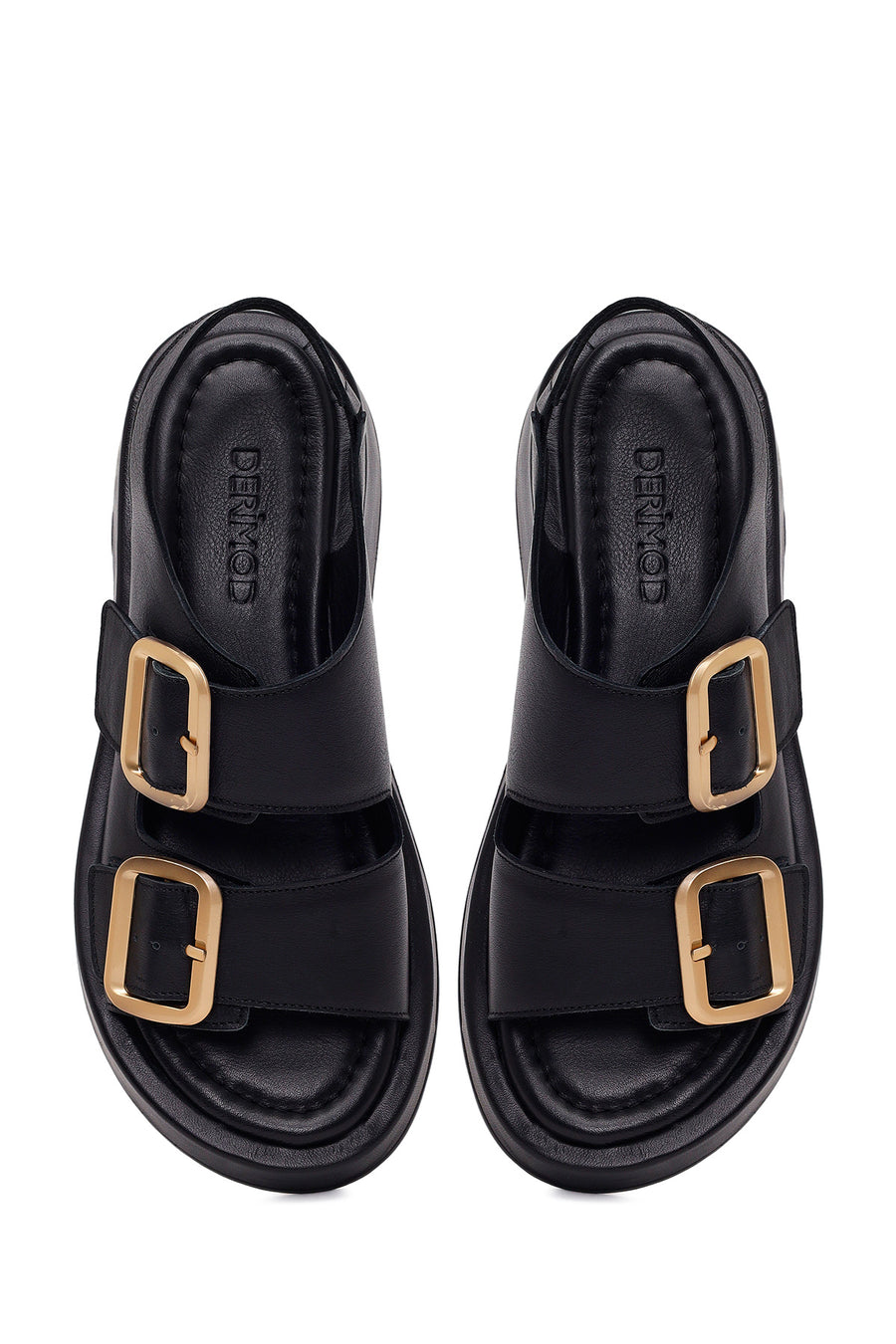 Woman Black Double-Buckle Thick-Soled Leather Comfort Sandals