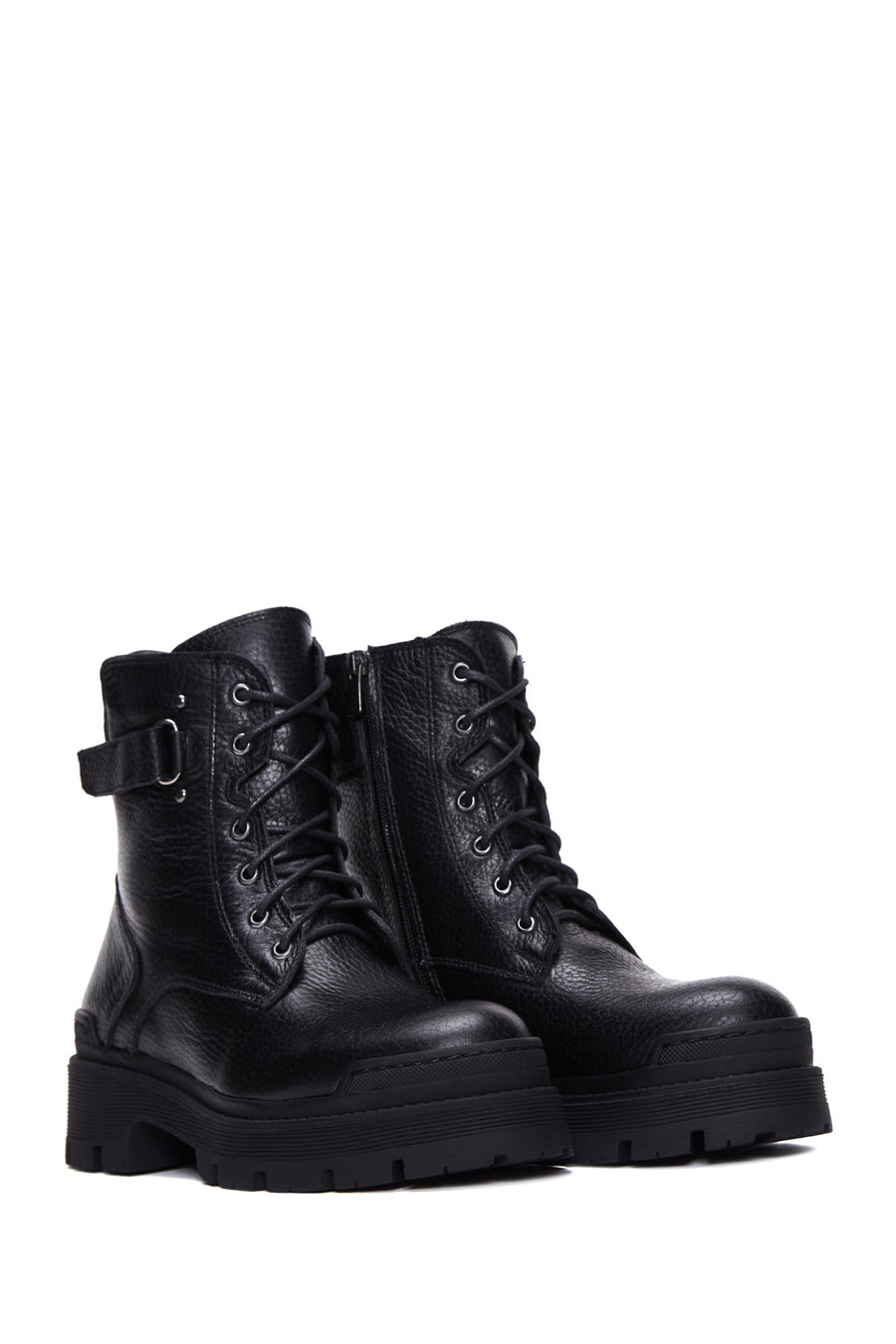 Women's Black Lace-Up Zippered Leather Combat Boots