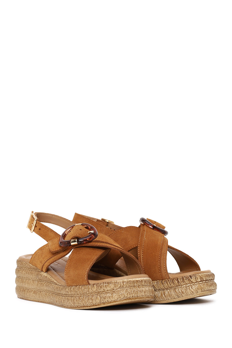 Woman Tan Buckled Wedge-Heel Suede Sandal