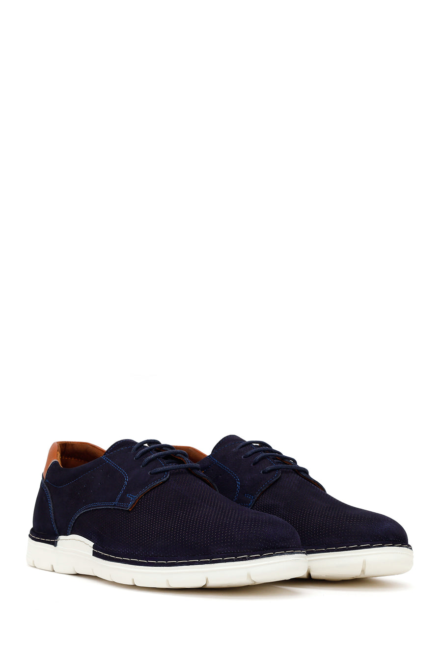 Male Navy Blue Lace-Up Nubuck Leather Casual Shoes