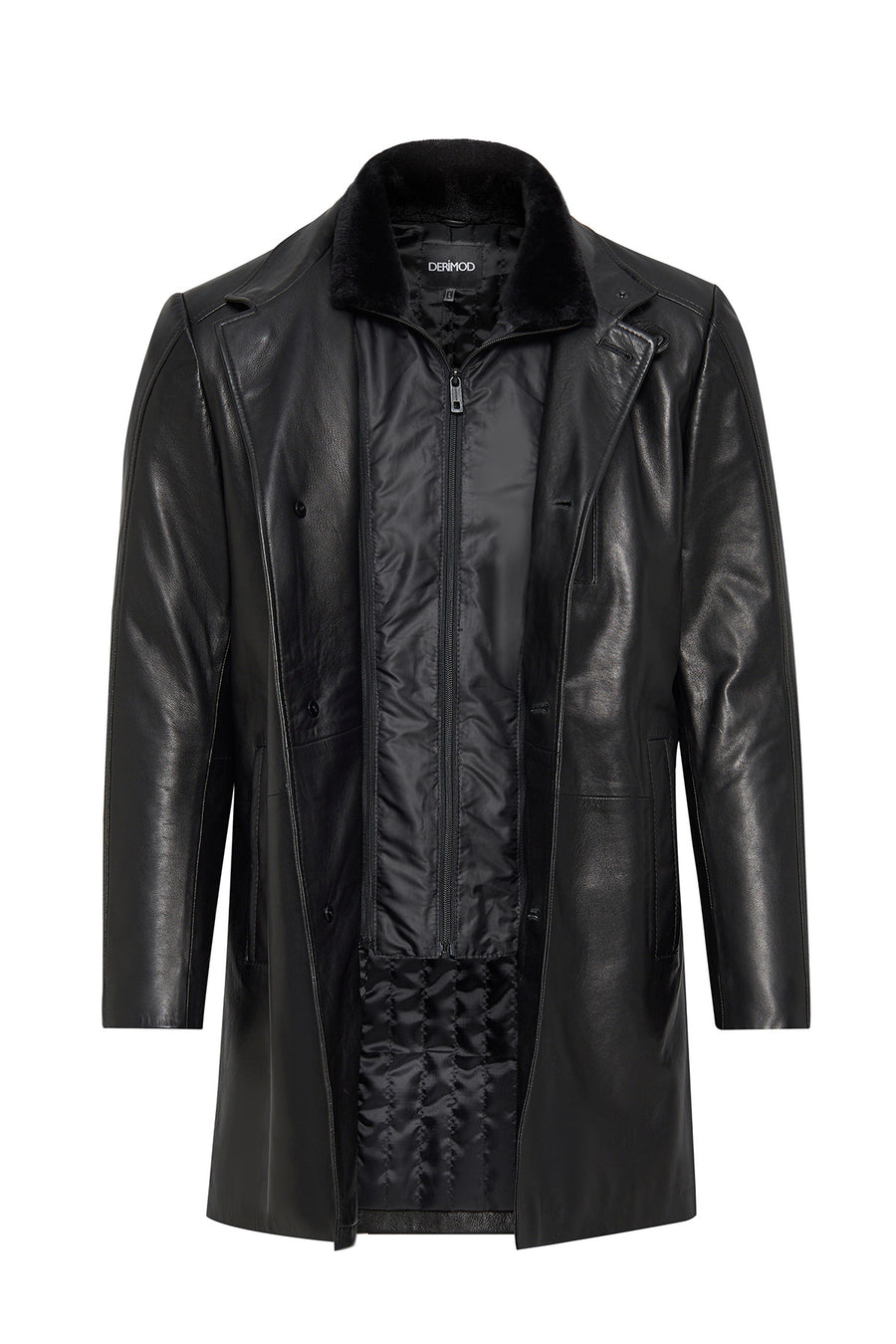 Barella Men's Black Collar Furry Leather Trench Coat