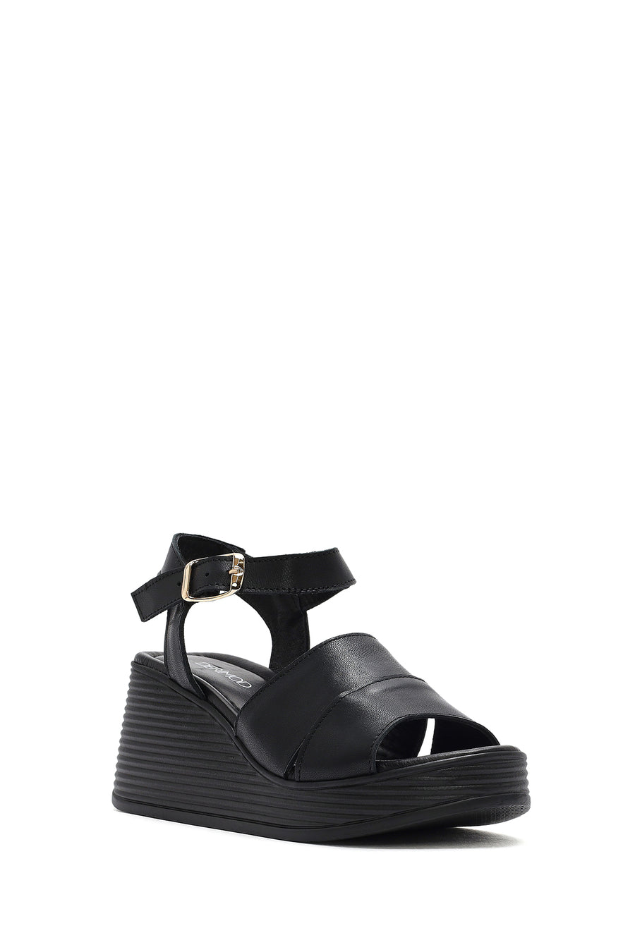 Women's Black Ankle Strap Wedge Heel Leather Sandals