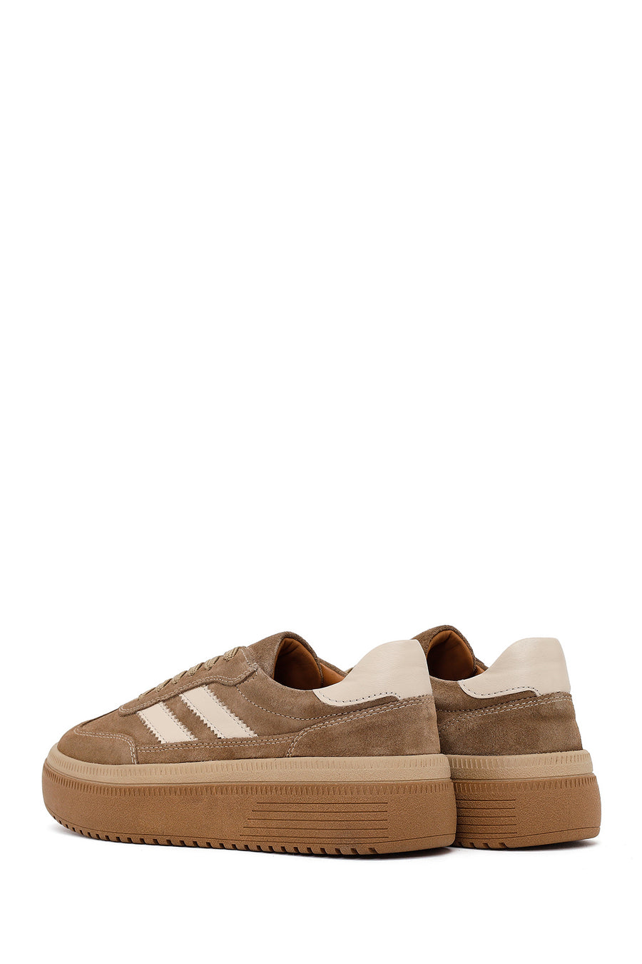Woman Tan Lace-Up Thick-Soled Suede Leather Sneaker