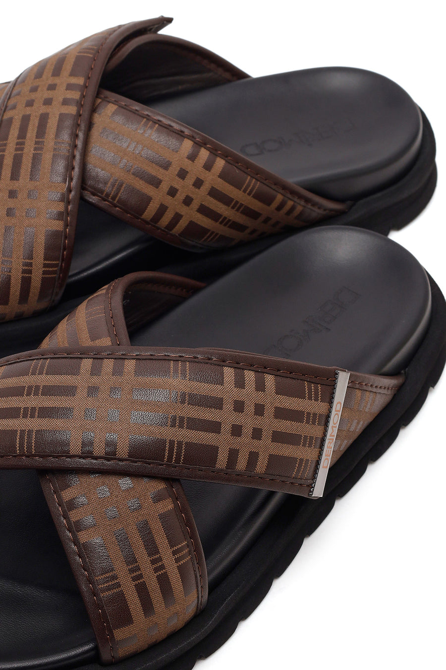 Men's Brown Patterned Leather Slippers
