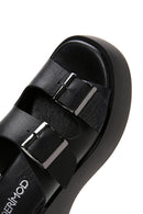 Women's Black Leather Double Buckle Thick Soled Slippers | Derimod