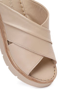 Woman Cream Wedge Heel Leather Comfort Slippers | Derimod