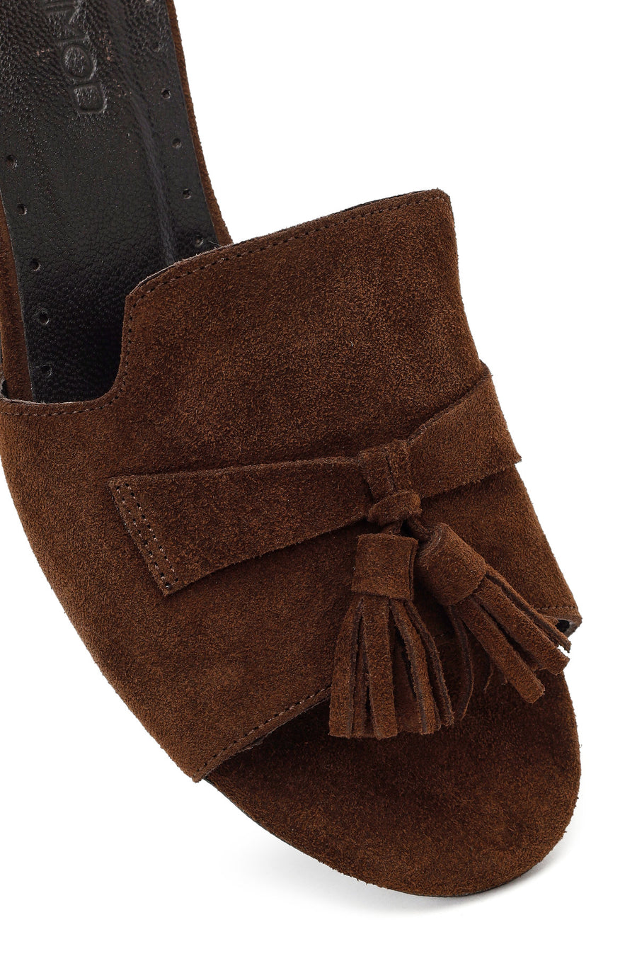 Women's Brown Tassel Short Chunky Heel Suede Leather Slippers
