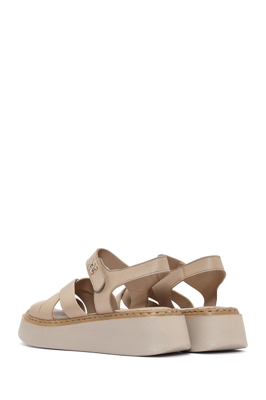 Women's Beige Ankle Strap Thick Soled Leather Comfort Sandals