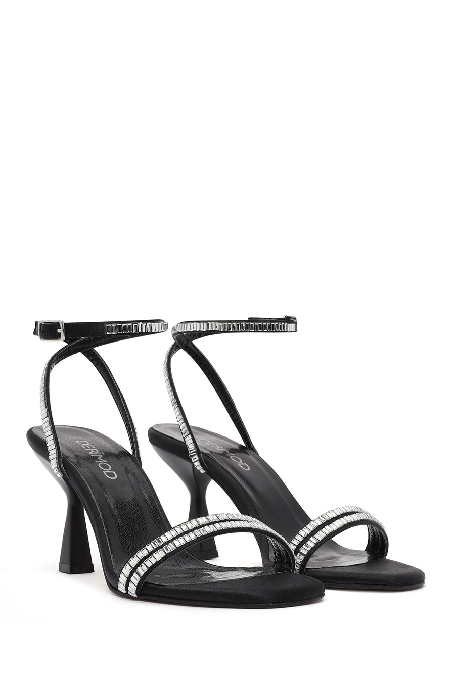 Women's Black Ankle Buckle Stoned Thin Heel Sandals