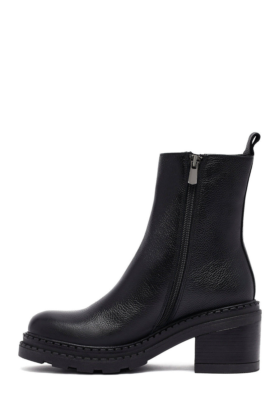 Woman Black Zip Closure Thick-Heeled Leather Boots