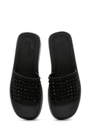 Women's Black Stone Wedge Heeled Slippers | Derimod