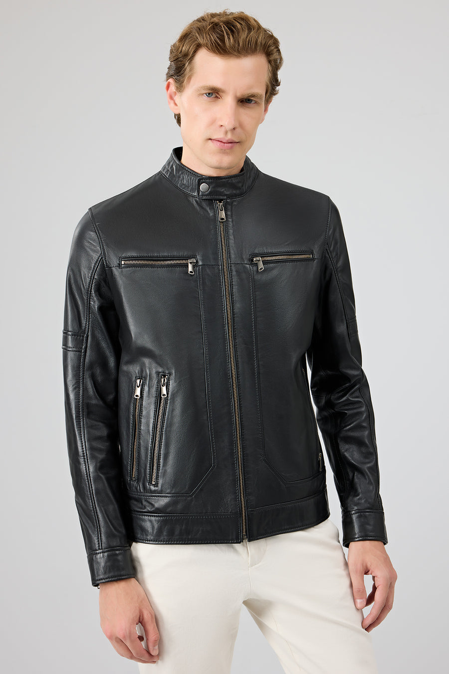 Patrick Men's Black Judge Collar Leather Jacket