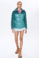 Miami Women's Green Plush Puffer Leather Jacket | Derimod