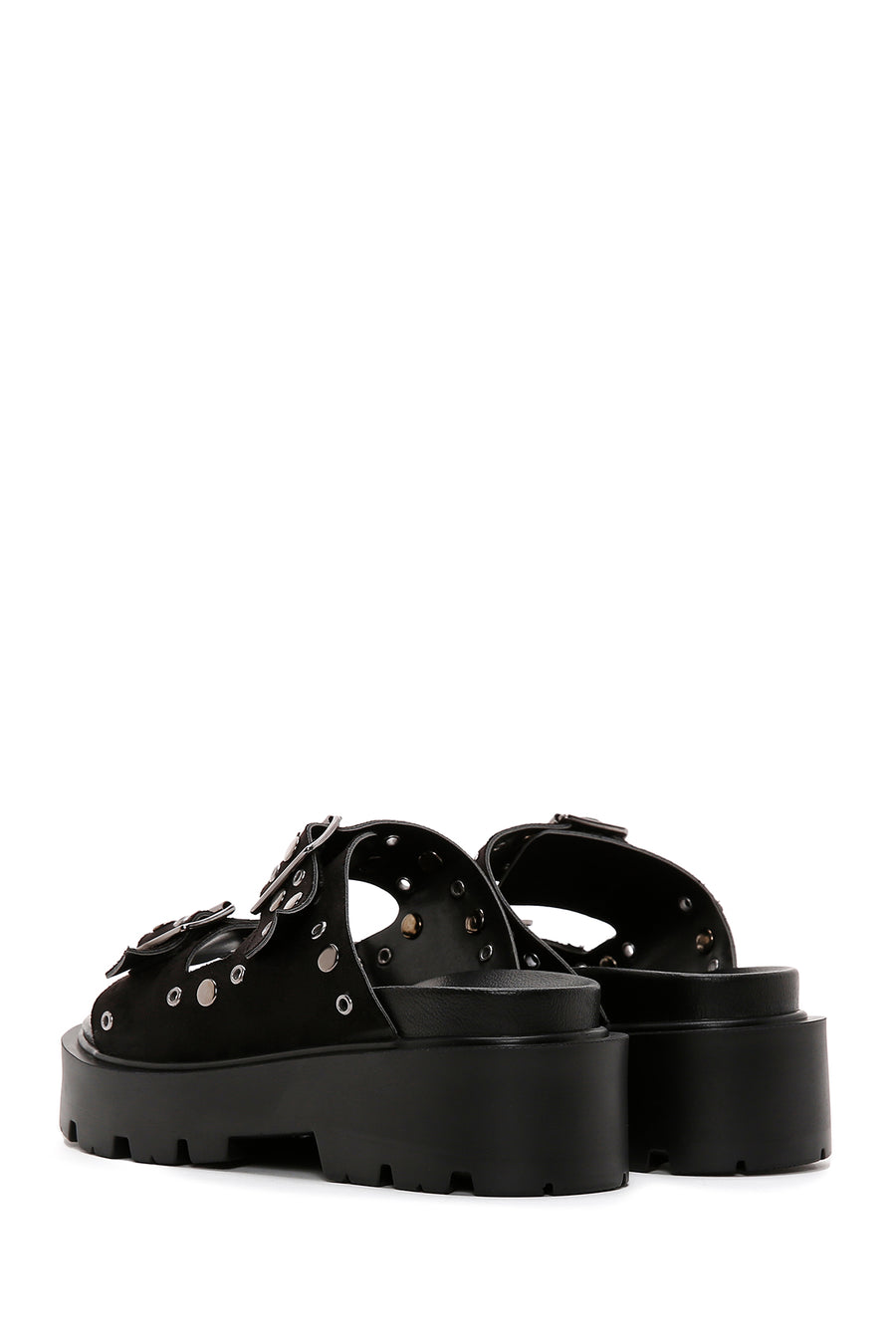 Women's Black Suede Double Buckle Thick Soled Slippers