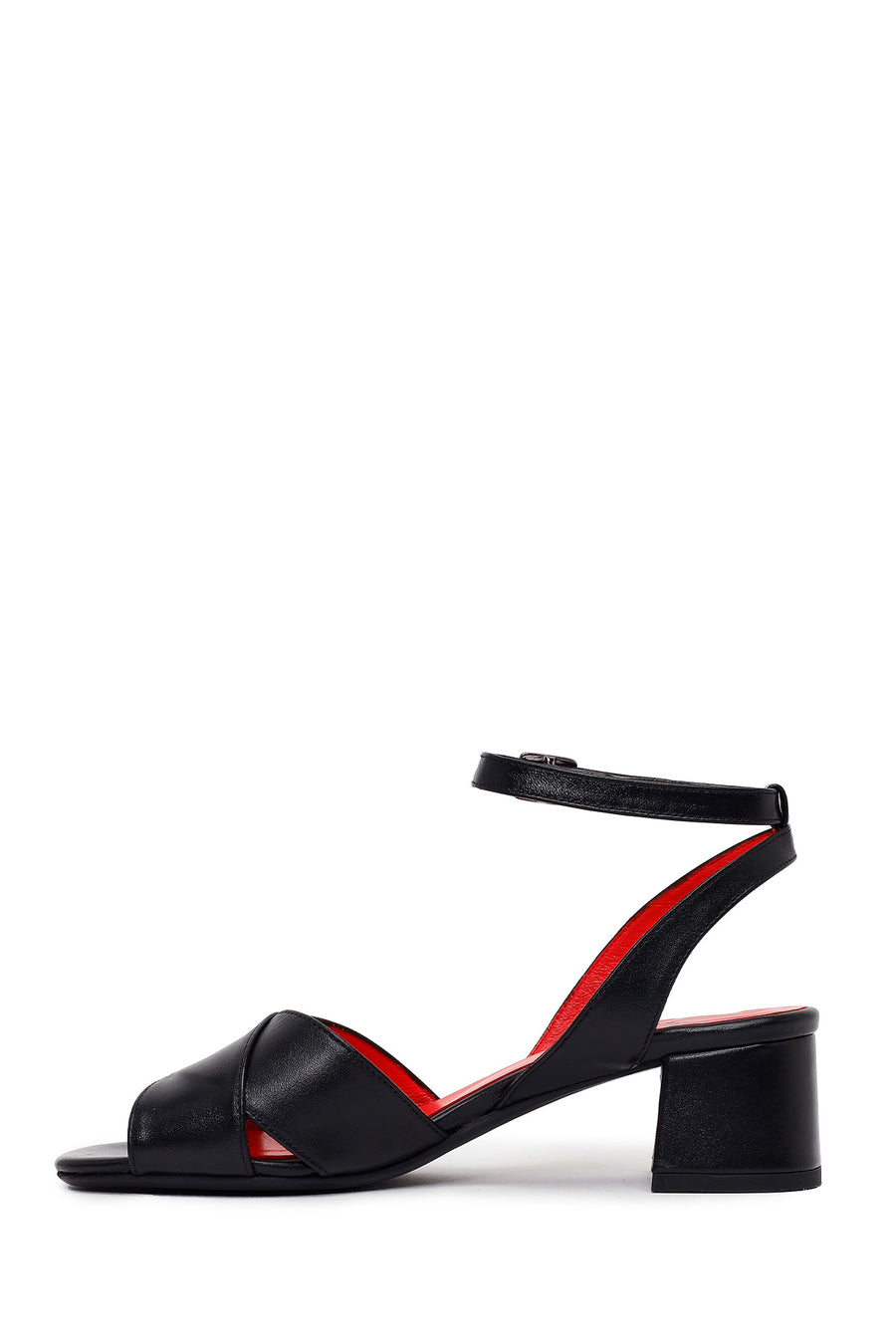 Derimod Gritti Woman Black Ankle-Buckle Short Chunky-Heel Leather Sandal