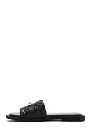 Women's Black Knit Leather Slippers | Derimod