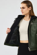 Zoom Women's Khaki Hooded Short Leather Jacket | Derimod