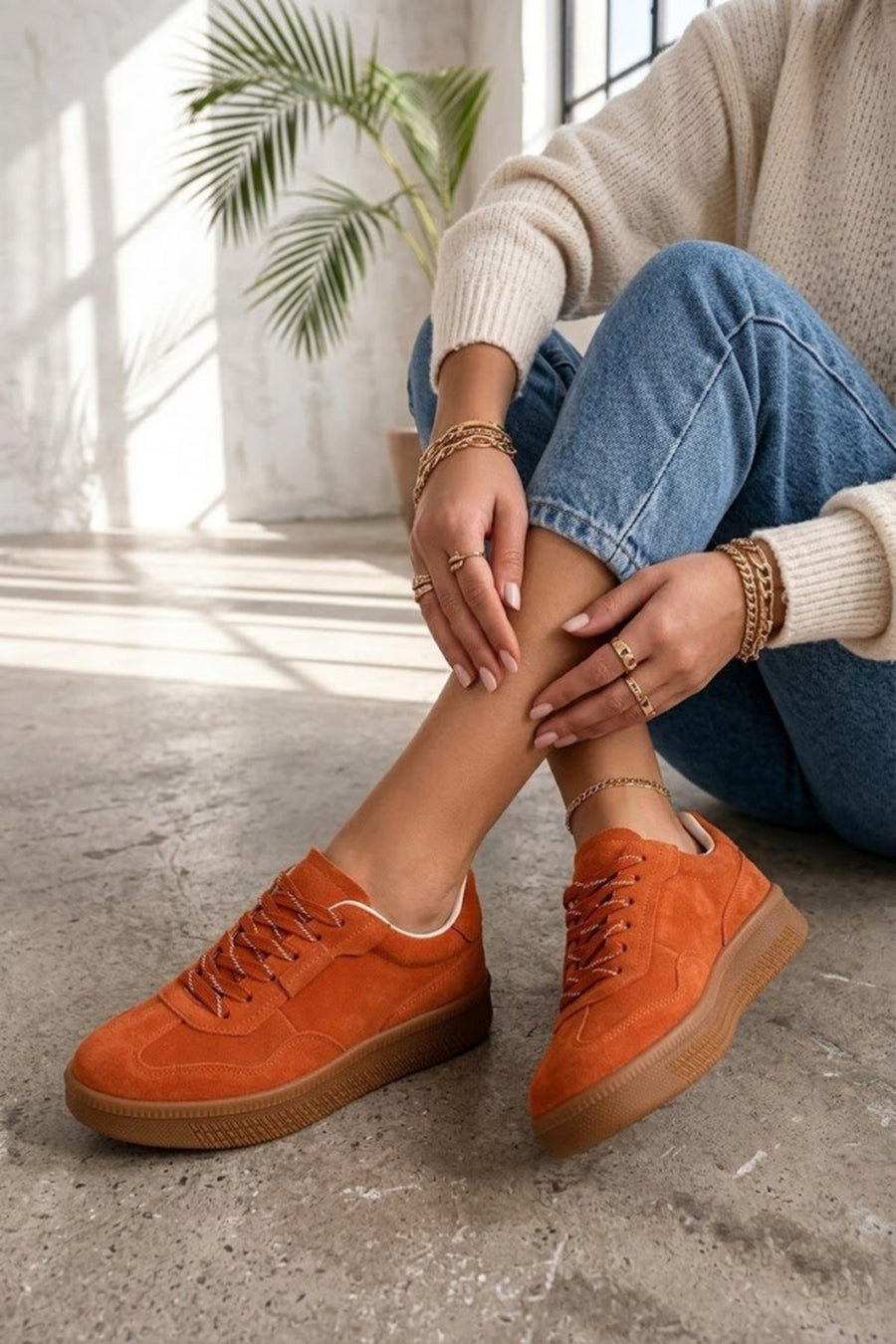 Woman Orange Lace-Up Suede Leather Leather Sneaker
