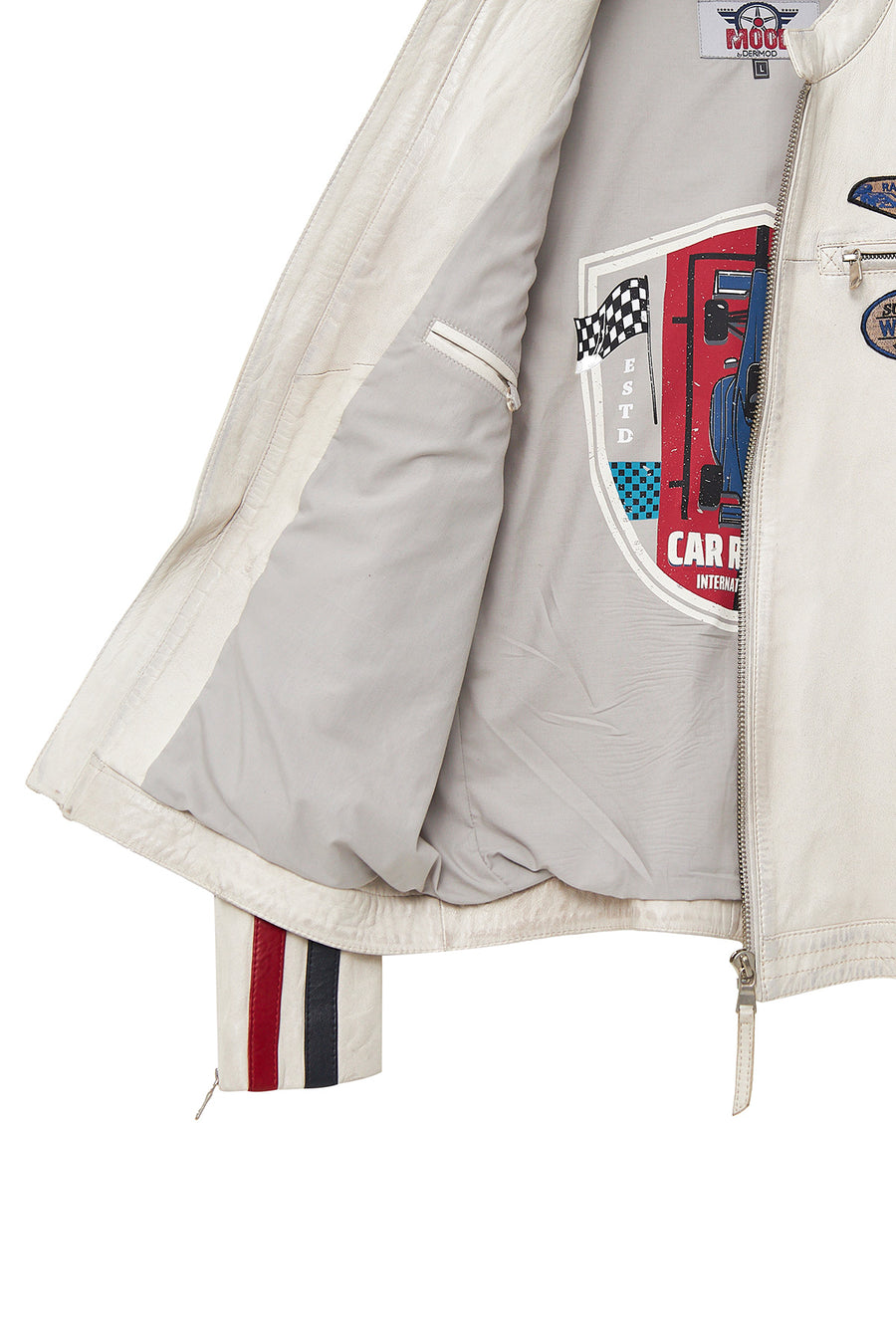 Storm Men's White Slim-Fit Leather Jacket with Emblem