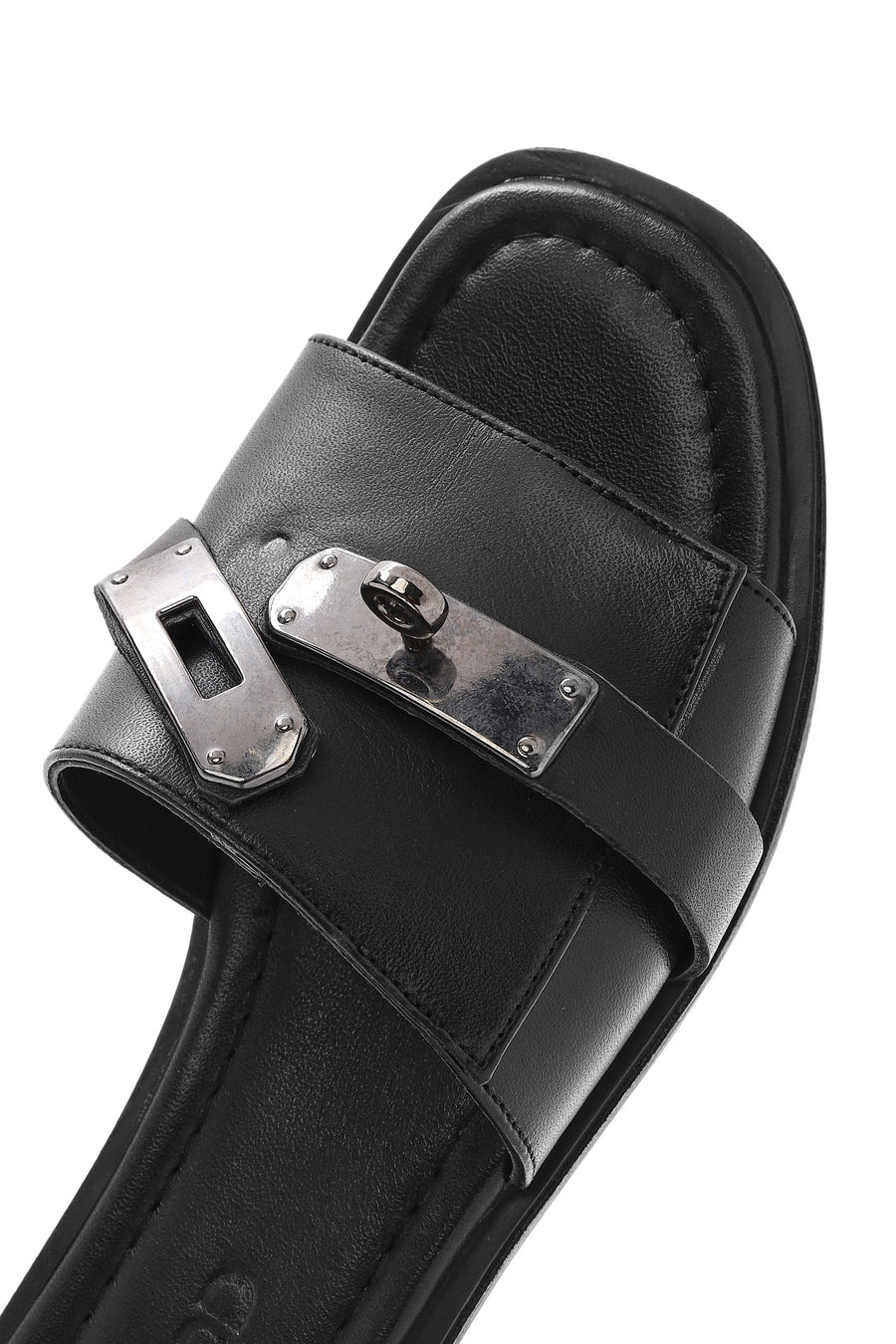 Women's Black Buckle Leather Slippers