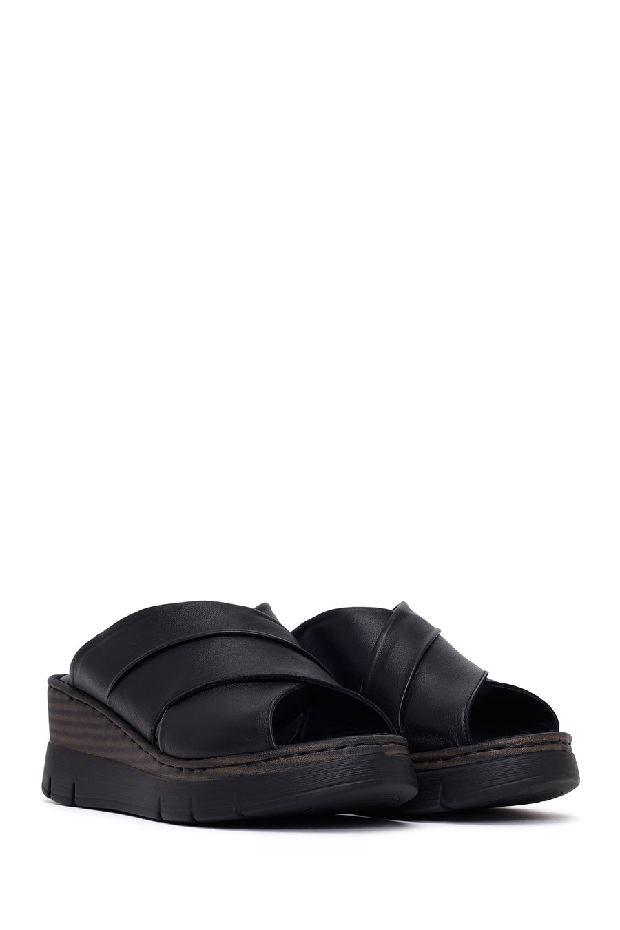 Woman Black Wedge Leather Comfort Slippers
