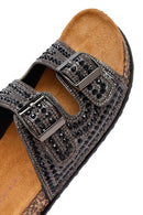 Women's Black Double Buckled Stoned Slippers | Derimod