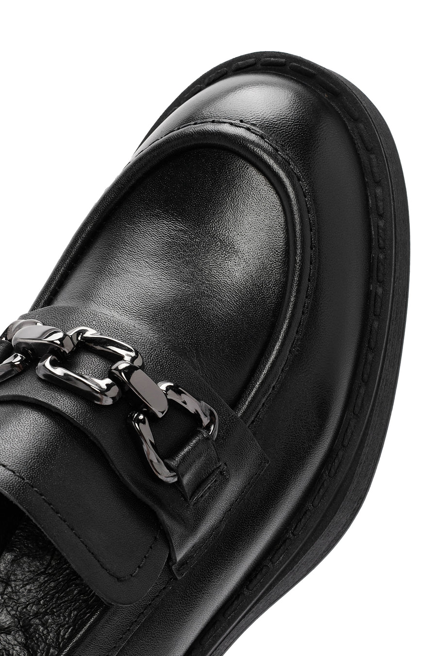 Kadın Siyah Kalın Topuklu Deri Maskülen Loafer
