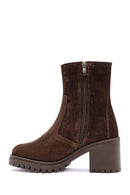 Women's Brown Zippered Thick Heel Suede Leather Boots | Derimod