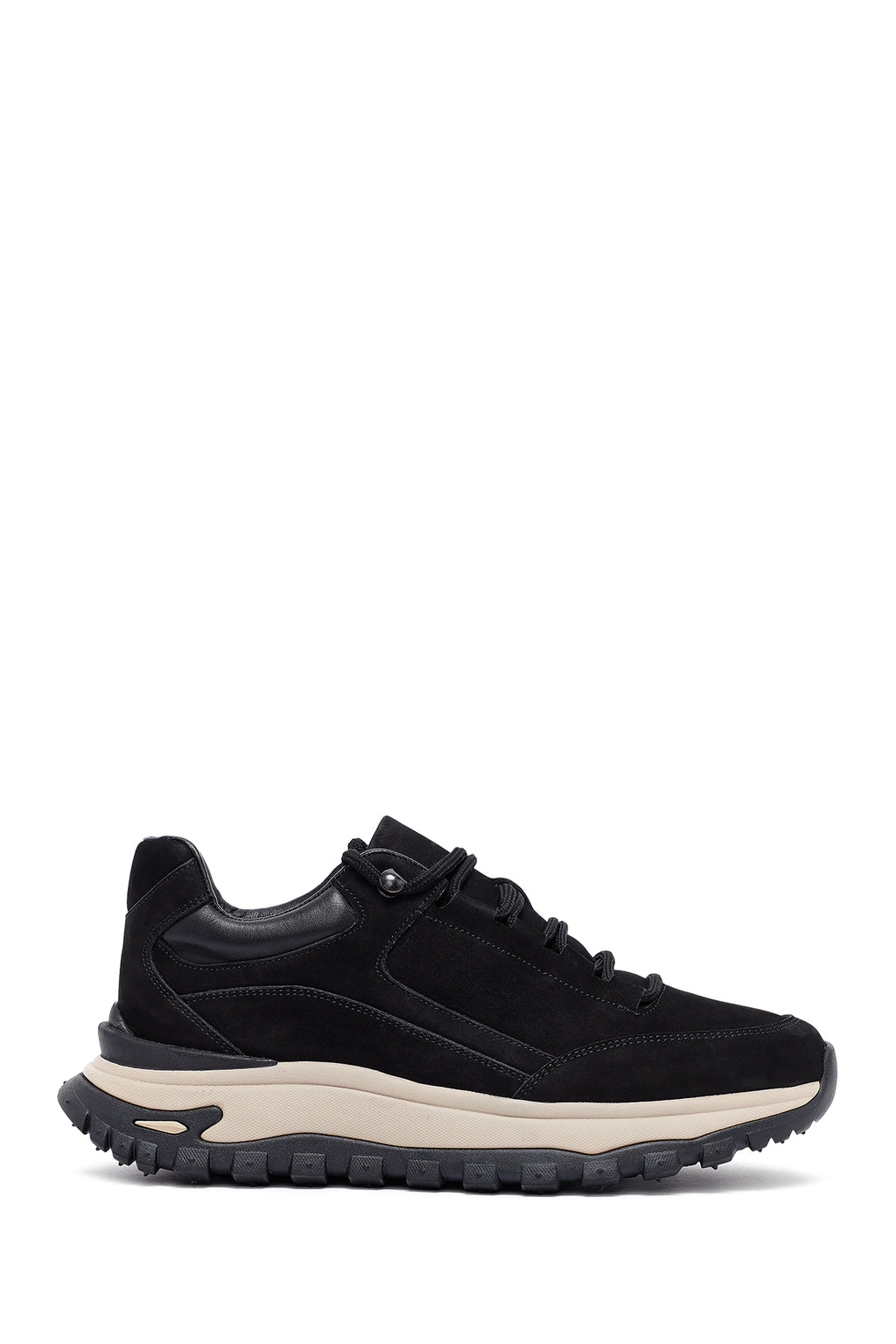 Erkek Siyah Bağcıklı Kalın Tabanlı Nubuk Deri Casual Sneaker