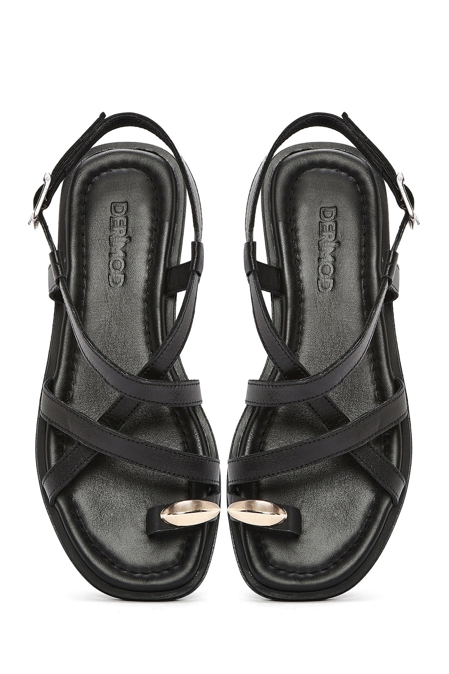Women's Black Leather Ankle Buckle Sandals