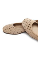 Women's Beige Patterned Suede Leather Ballet Flats | Derimod