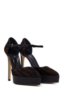 Woman Brown Ankle Buckle Platform Feather-Detail High Thin-Heeled Leather Shoes | Derimod