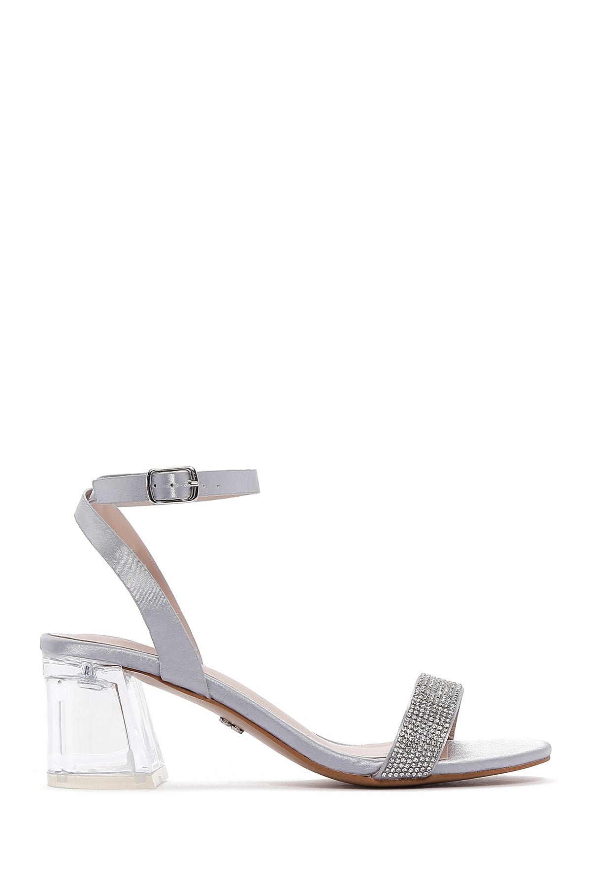 Kadın Gümüş  Bilekten Bantlı Şeffaf Topuklu Sandalet