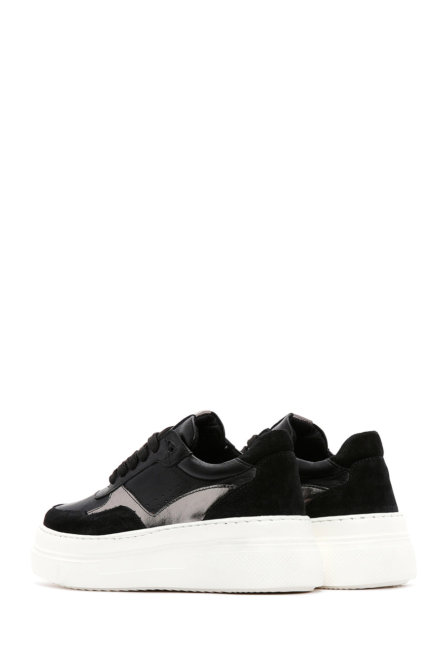 Women's Black Leather Thick Soled Sneaker