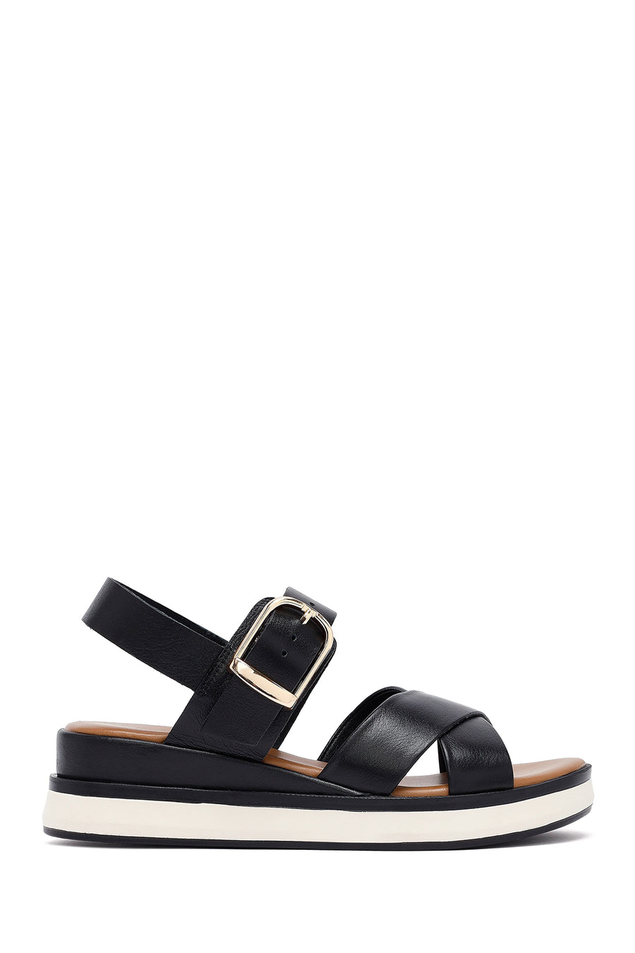 Women's Black Ankle Buckle Thick Soled Leather Sandals 25SFD550418 | Derimod