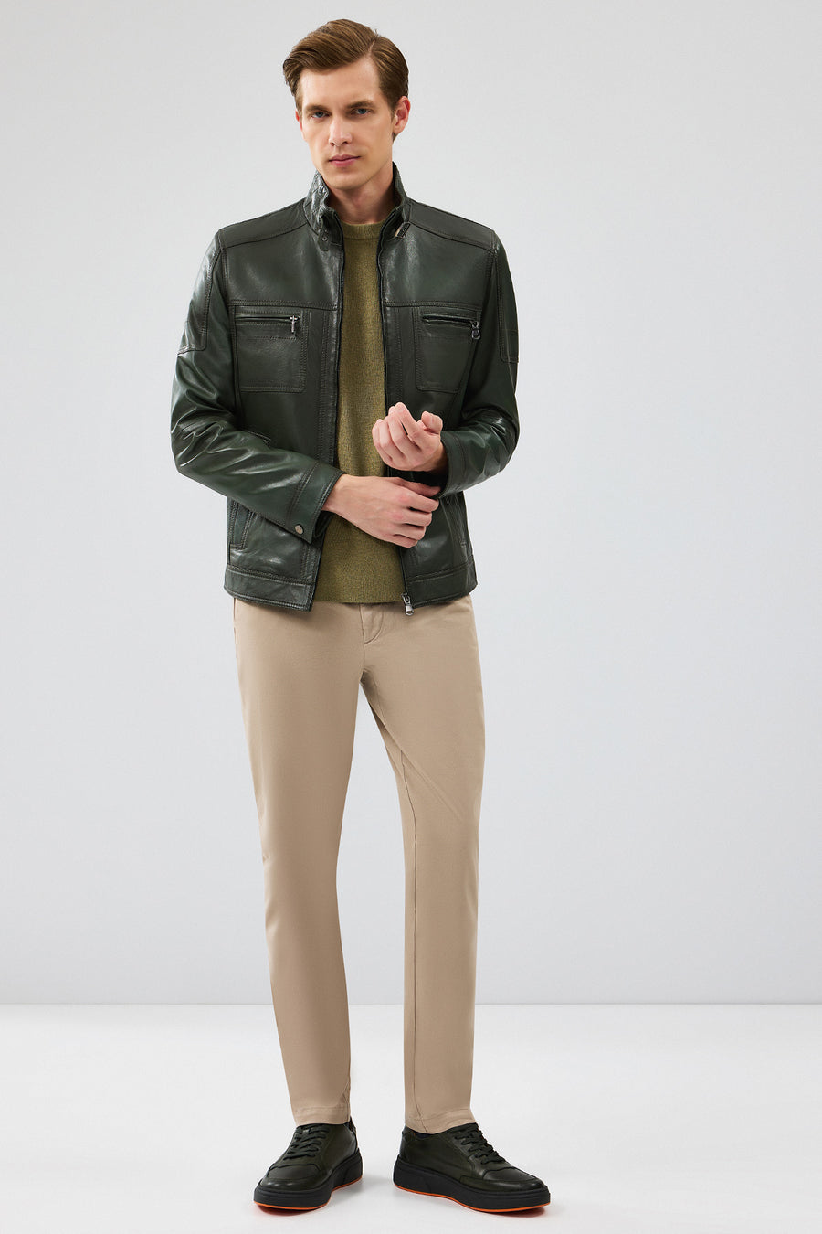 Wade Erkek Haki Slim-Fit Deri Mont